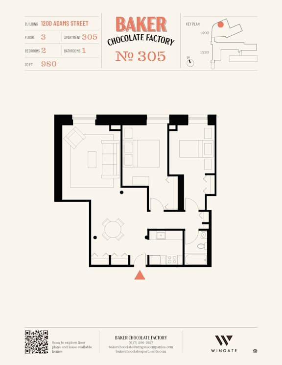 A floor plan for Baker Chocolate Factory at No. 305.