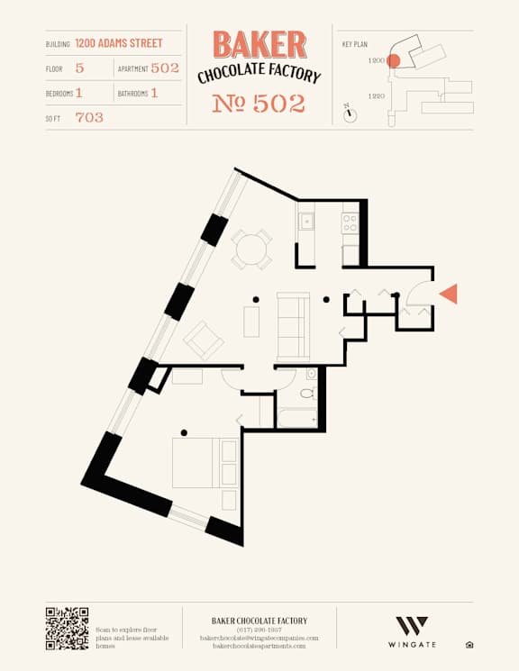 A floor plan for Baker Chocolate Factory shows a building with 5 floors and 502 apartments.