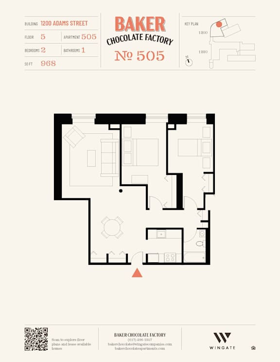 A floor plan for Baker Chocolate Factory at 1200 Adams Street.