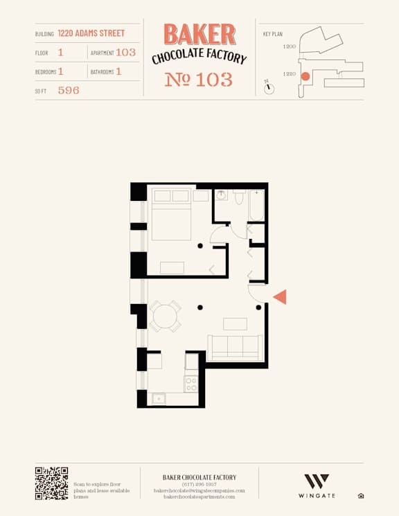 A floor plan for Baker Chocolate Factory apartment number 103.