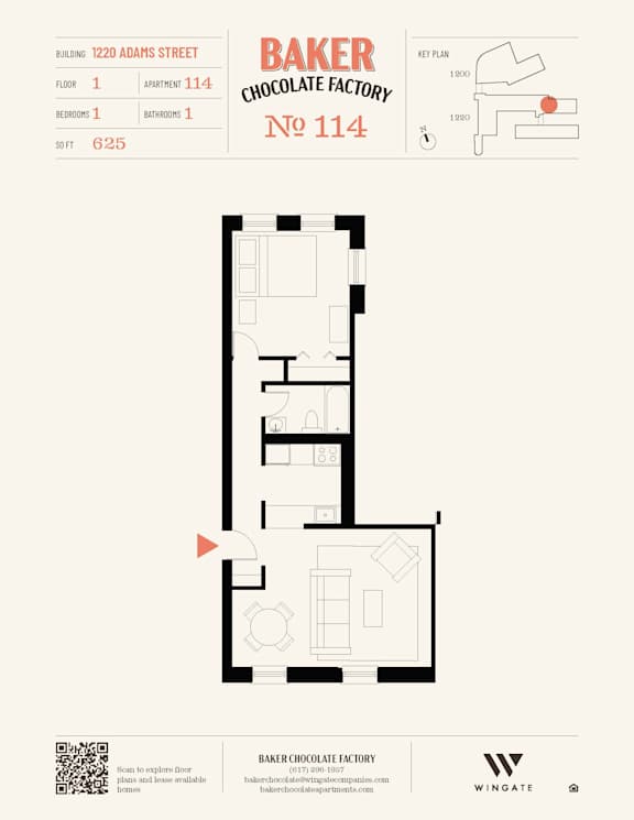 A floor plan for Baker Chocolate Factory apartment number 114.