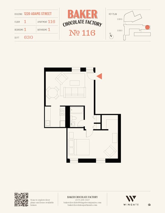 A floor plan for Baker Chocolate Factory at 1220 Adams Street shows a single apartment with one bedroom and one bathroom.