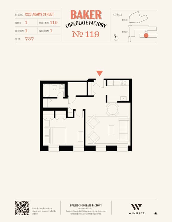 A floor plan for Baker Chocolate Factory at 1220 Adams Street.