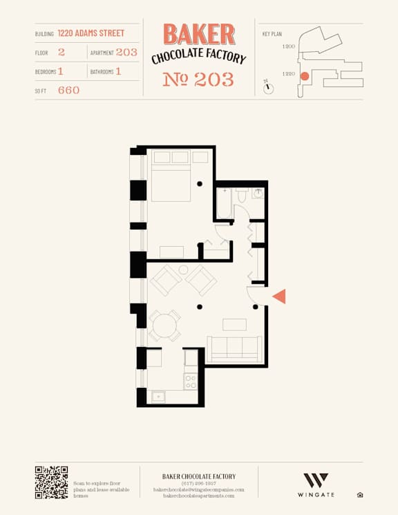 A floor plan for Baker Chocolate Factory No 203 shows a layout with rooms and a kitchen.