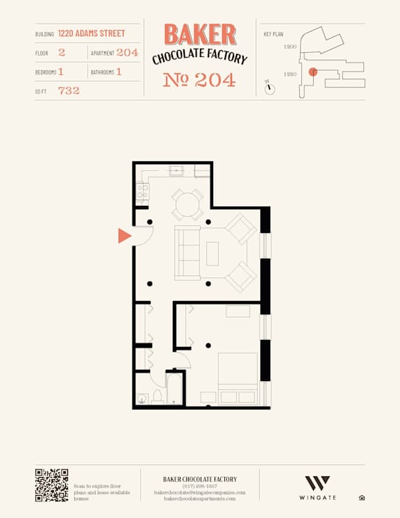 A floor plan for Baker Chocolate Factory No 204 shows a building with 2 floors, 204 apartments, and 1 bedroom.