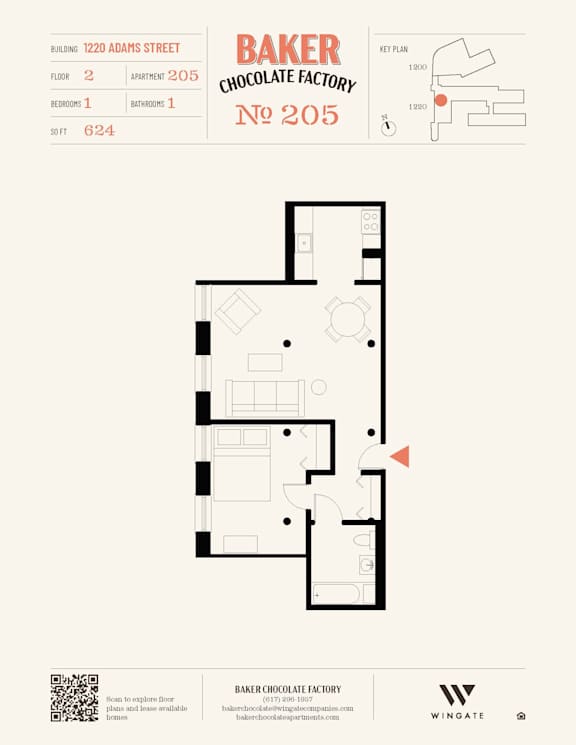 A floor plan for Baker Chocolate Factory No 205 shows a layout with rooms and measurements.
