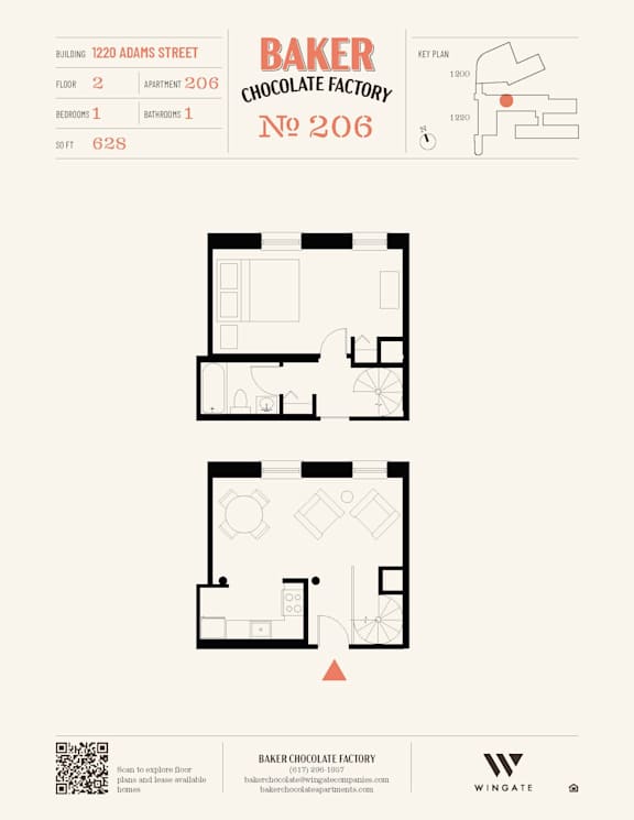 A poster for Baker Chocolate Factory No 206 shows a floor plan for a building at 1220 Adams Street.