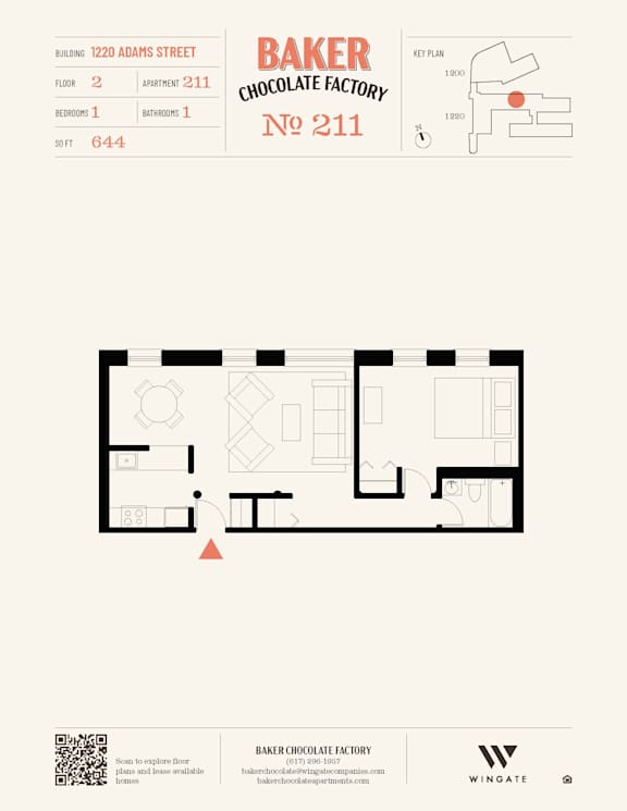 A floor plan for Baker Chocolate Factory at 1220 Adams Street shows a second floor apartment with 2 bedrooms and 1 bathroom.