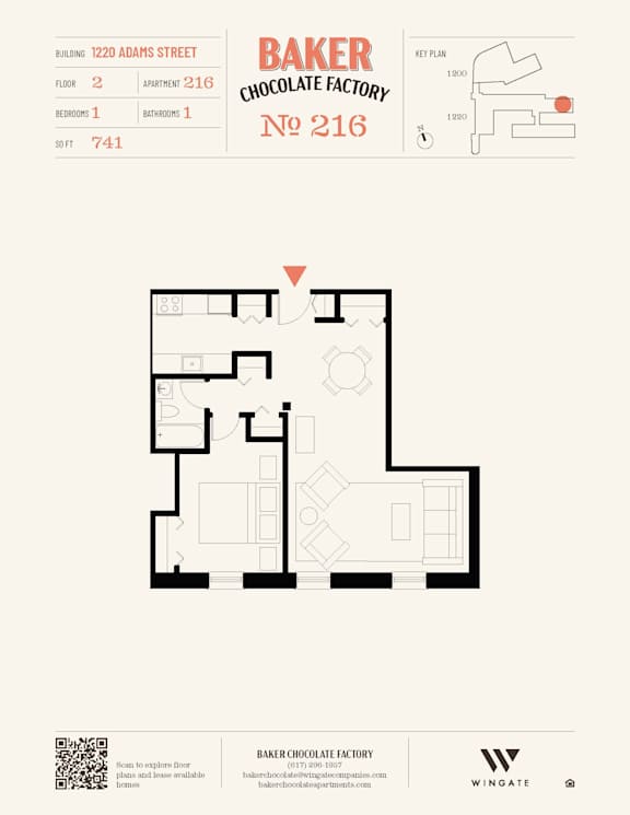 A floor plan for Baker Chocolate Factory at 1220 Adams Street.