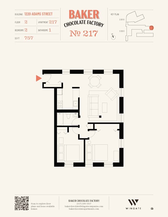A floor plan for Baker Chocolate Factory apartment 217 at 1220 Adams Street.