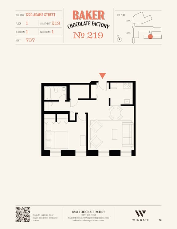 A floor plan for Baker Chocolate Factory apartment 219.