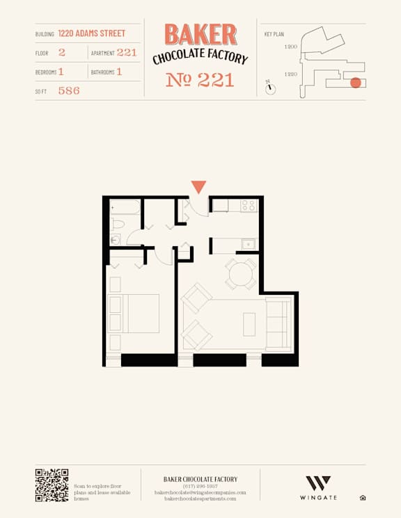 A floor plan for Baker Chocolate Factory apartment 221 at 1220 Adams Street.