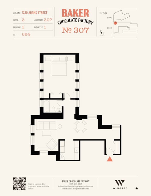 A floor plan for Baker Chocolate Factory shows a building with 3 floors and 307 apartments.