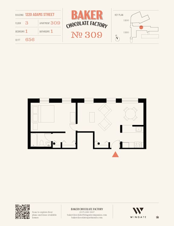 A floor plan for Baker Chocolate Factory at 1220 Adams Street.