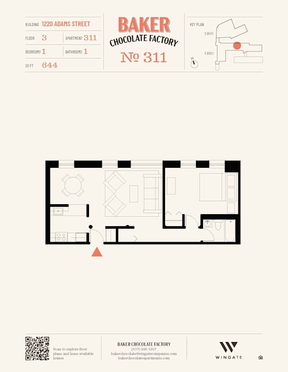 A floor plan for Baker Chocolate Factory at 1220 Adams Street.