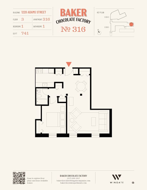 A floor plan for Baker Chocolate Factory at 1220 Adams Street.