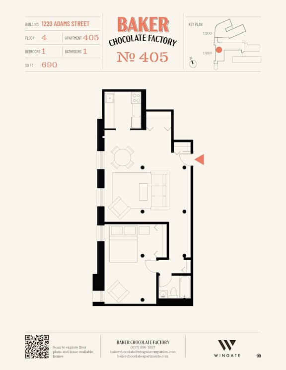 A floor plan for Baker Chocolate Factory No 405 shows a building with four floors and a basement.