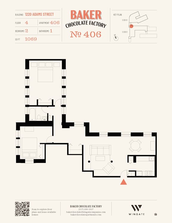 A floor plan for Baker Chocolate Factory shows a building with four floors and a basement.