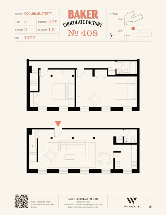 A floor plan for Baker Chocolate Factory No 408 shows a 4 bedroom apartment with 2 bathrooms.