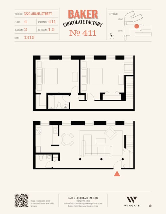 A floor plan for Baker Chocolate Factory shows a building with 411 apartments.