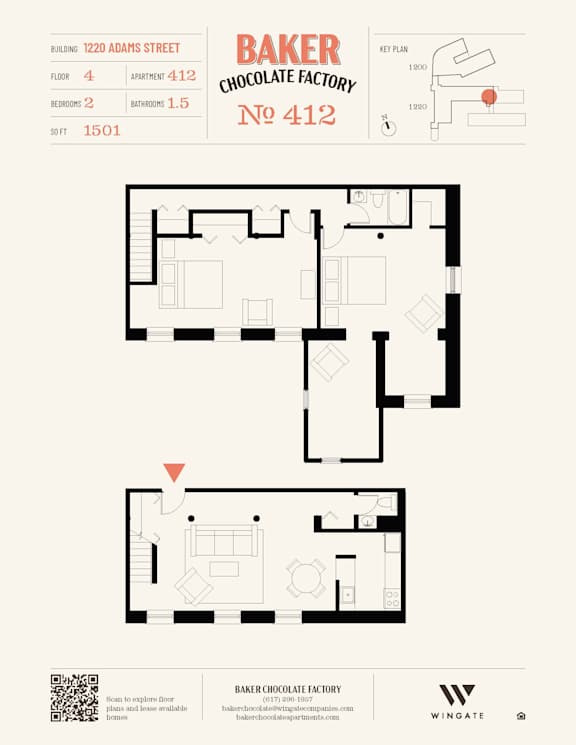 A floor plan for Baker Chocolate Factory on Adams Street.