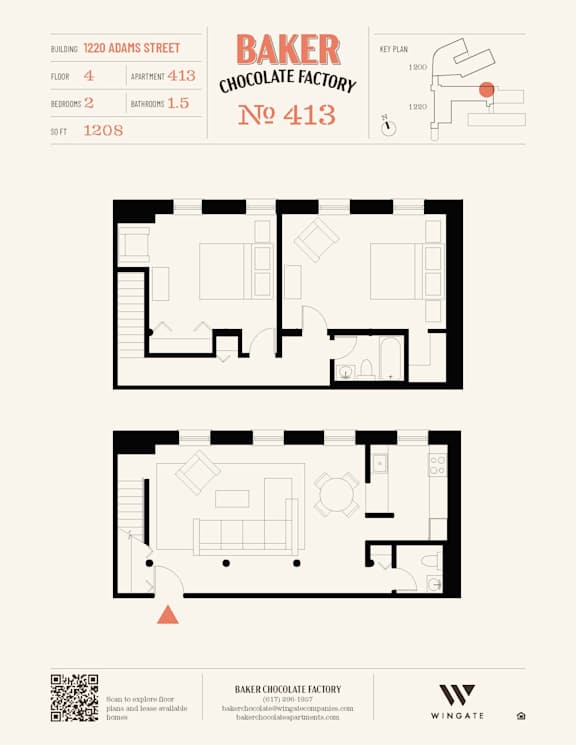 A floor plan for Baker Chocolate Factory at 1220 Adams Street shows a 413 apartment with 2 bedrooms and 1.5 bathrooms.