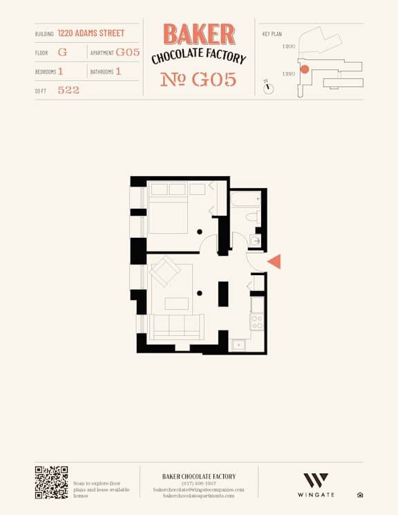 A floor plan for Baker Chocolate Factory No. 605 shows a rectangular building with a courtyard.
