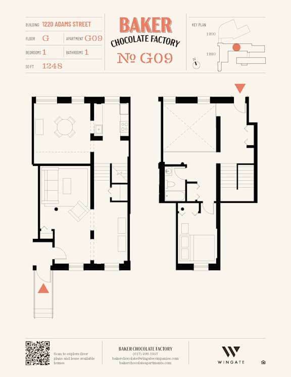 A floor plan for Baker Chocolate Factory shows the layout of the building.