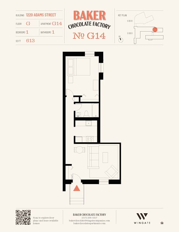 A floor plan for Baker Chocolate Factory shows a building with 1200 square feet.