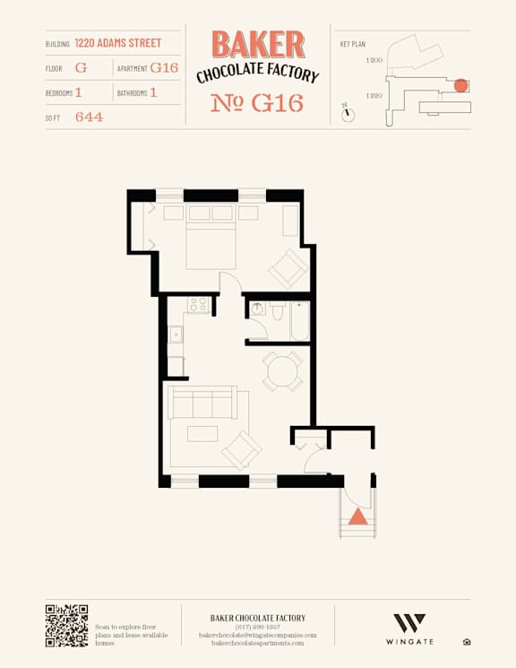 A floor plan for Baker Chocolate Factory shows a building with 644 square feet.