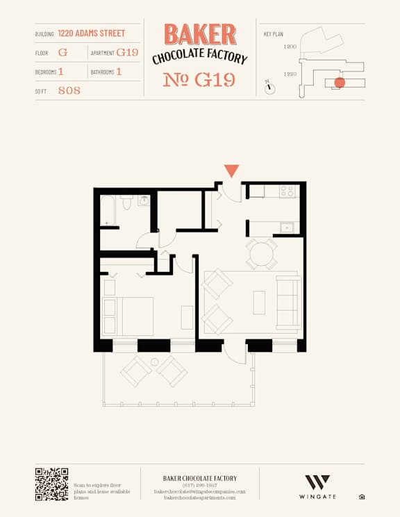 A floor plan for Baker Chocolate Factory apartment G19.