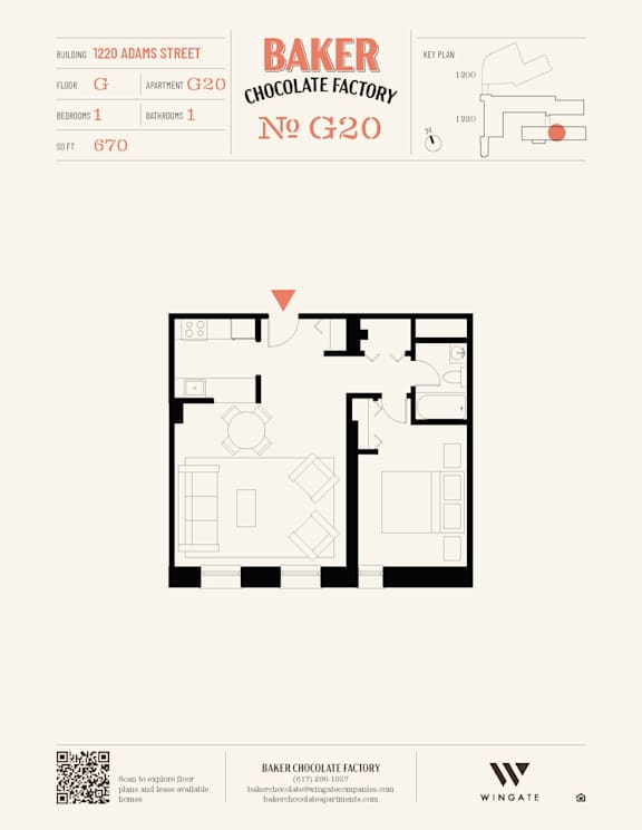 A floor plan for Baker Chocolate Factory shows a building with 1220 Adams Street.