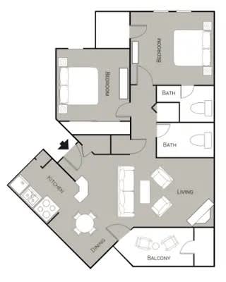 A floor plan of a house with a living room, dining room, kitchen, and two bathrooms.