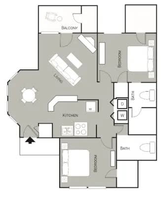 A floor plan of an apartment with a kitchen, living room, and bathroom.