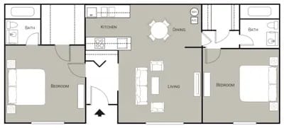A floor plan of a house with two bedrooms, a living room, a kitchen, a dining room, and a bathroom.