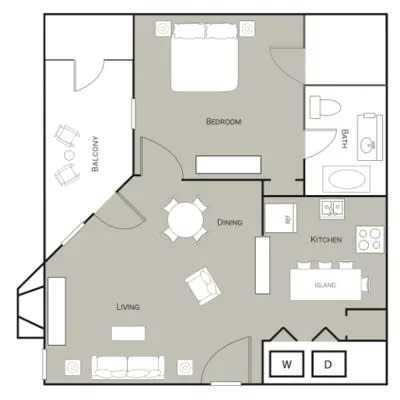 A floor plan of a house with a living room, dining room, kitchen, bedroom, and bathroom.