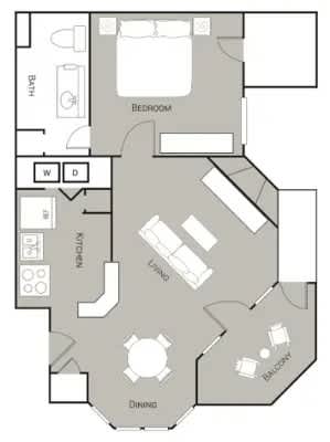 A floor plan of a house with a bedroom, a kitchen, a dining area, and a balcony.