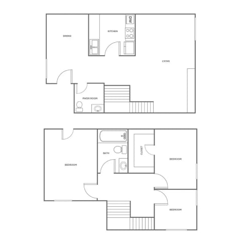A floor plan of a house with a living room, dining room, kitchen, and two bedrooms.