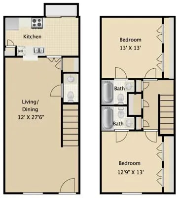A floor plan of a two-bedroom apartment with a living/dining area and kitchen.