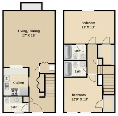 A floor plan of a two-bedroom apartment with a living/dining area and kitchen.