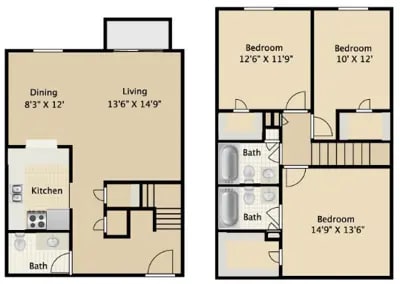 A floor plan of a two bedroom apartment with a living room, dining room, kitchen, and bathrooms.