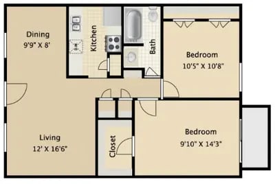 A floor plan of a small apartment with a living area, kitchen, and two bedrooms.
