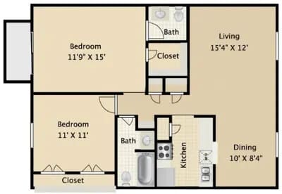 A floor plan of a small apartment with two bedrooms, a living room, a kitchen, and a dining area.