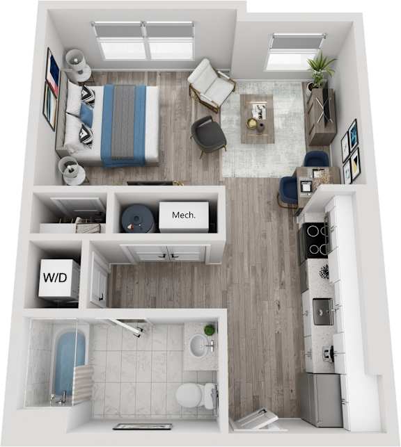 A top-down view of a small apartment with a bed, a couch, a kitchen, and a bathroom.