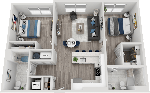A top-down view of a small apartment with a kitchen, living room, and bedroom.