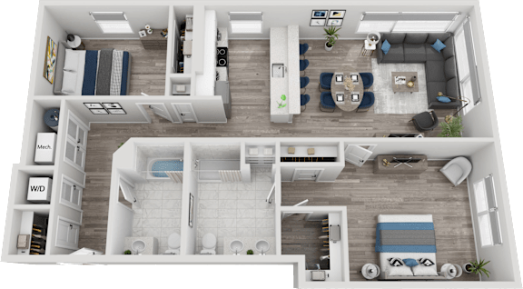A top-down view of a modern apartment layout with a kitchen, living room, and bathroom.