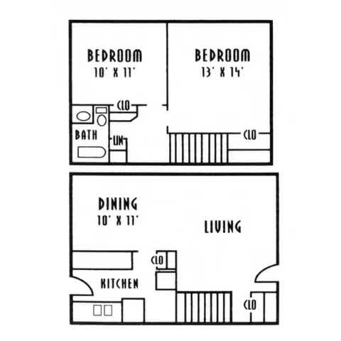 A black and white image of a floor plan for a two bedroom apartment.