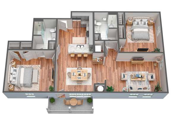 A 3D rendered image of a modern house layout.