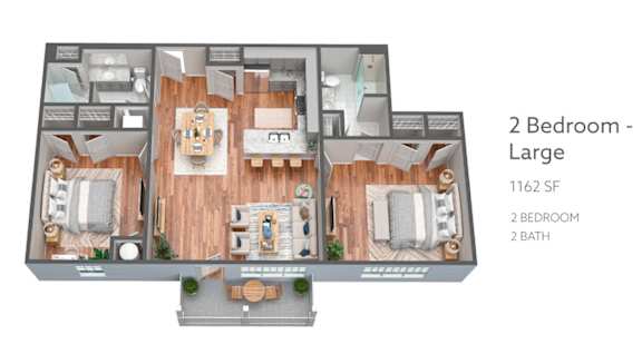 A 2 Bedroom layout with a large bathroom.