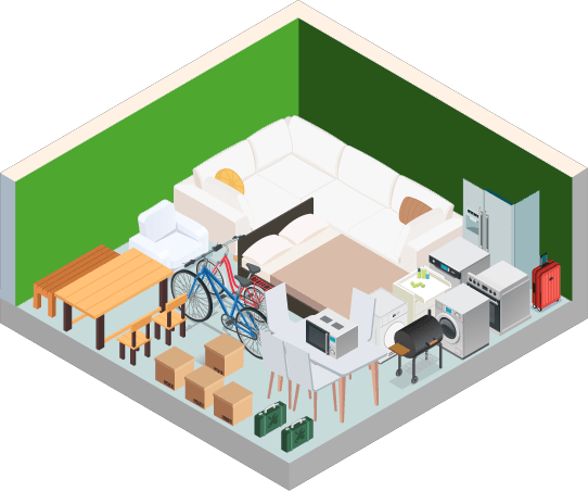 A 3D isometric view of a room with a dining table, chairs, a bicycle, a washing machine, and a refrigerator.